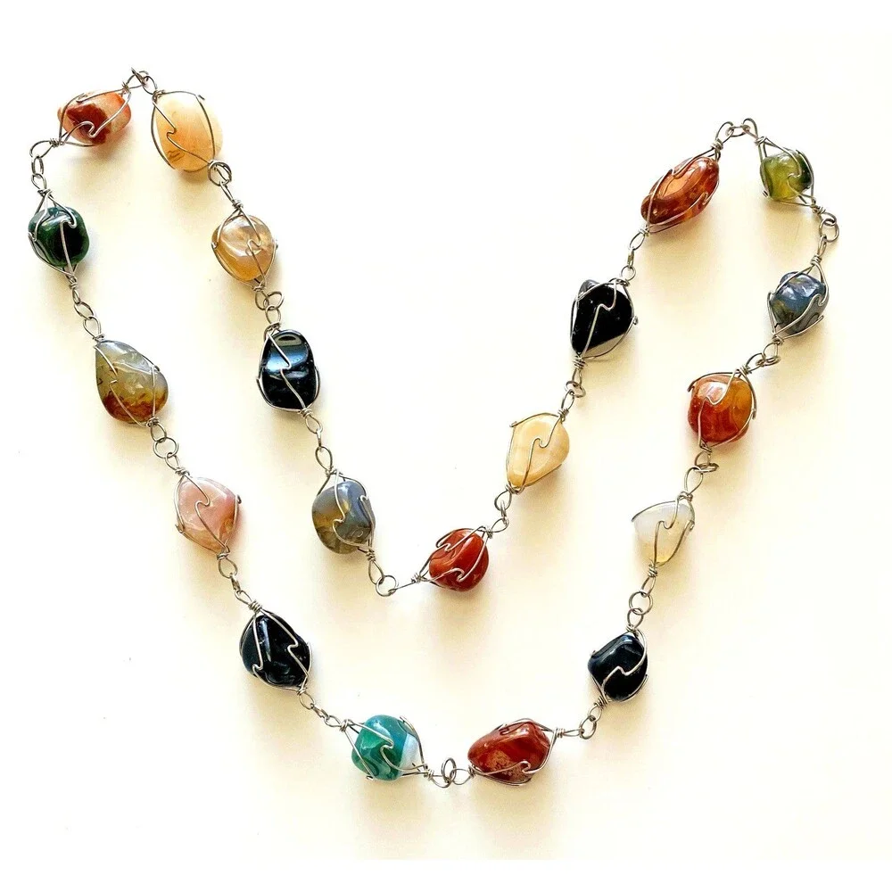 Vintage 33 Inch Artisan Wire-Wrapped Gemstone Cage Necklace Boho Festival Earthy